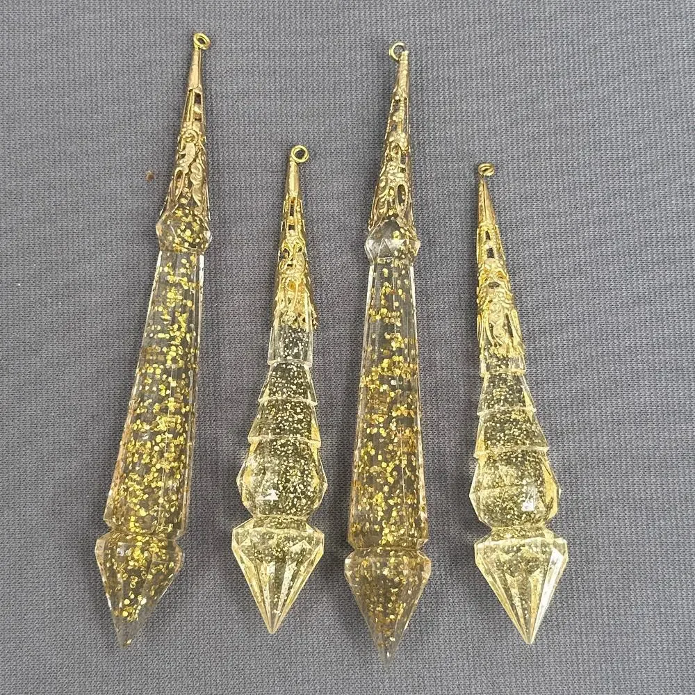 VTG Gold Glitter Icicle Drop Ornaments Set of 4 Heavy Plastic Resin Kitschy Glam